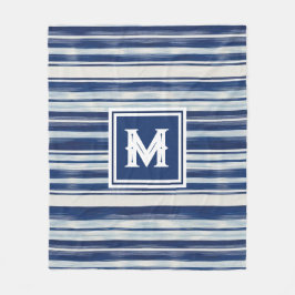 青と白のモノグラストライプのム フリースブランケット