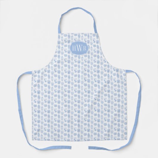 青と白のモノグラムショウガの瓶結婚の贈り物 エプロン (正面)
