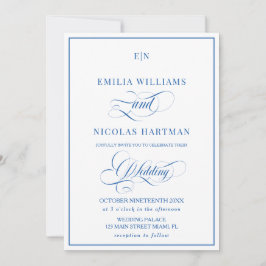 青と白のモノグラム ウェディング インビテーション