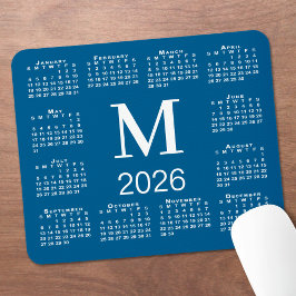 青と白のモノグラム 2026年カレンダー マウスパッド