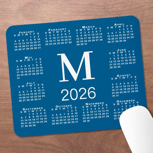 青と白のモノグラム 2026年カレンダー マウスパッド