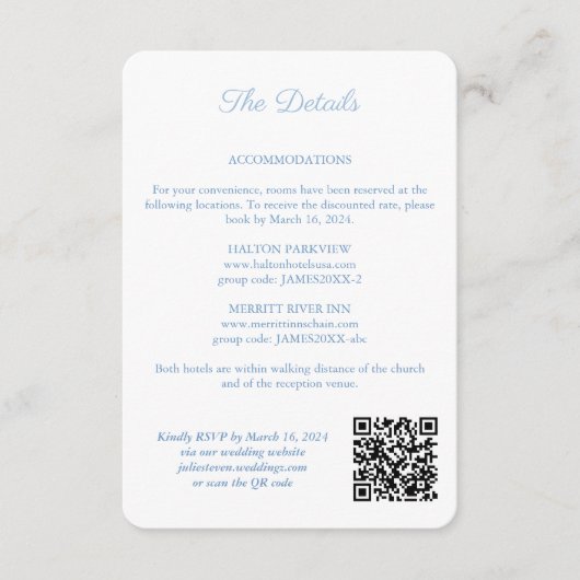 青と白のモノグラムQRコード結婚の詳細 エンクロージャーカード (正面)
