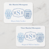 青と白のモノグラ結婚したムブライダルシャワー エンクロージャーカード (正面/裏面)