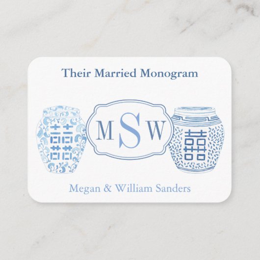 青と白のモノグラ結婚したムブライダルシャワー エンクロージャーカード (裏面)