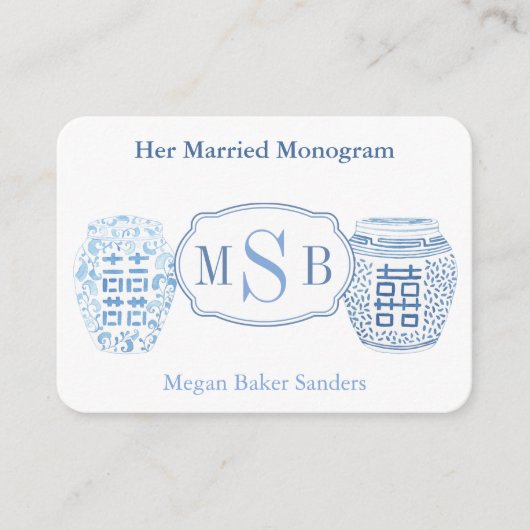 青と白のモノグラ結婚したムブライダルシャワー エンクロージャーカード (正面)