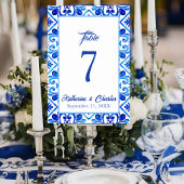 青と白のモロッコのタイルのパタ結婚ーン テーブルナンバー