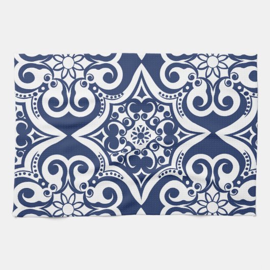 青と白のモロッコパターン キッチンタオル (横)