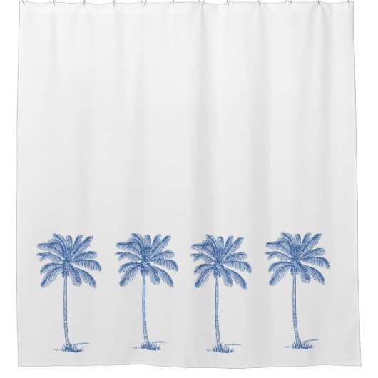 青と白のヤシのパルメットの木 シャワーカーテン (正面)