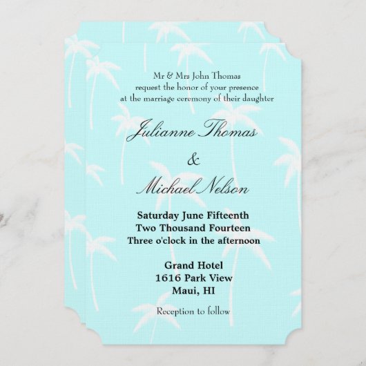 青と白のヤシ結婚の木 招待状 (正面/裏面)