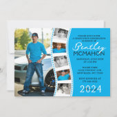 青と白のユニークフィルムストリップ6写真卒業 招待状 (正面)