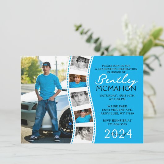 青と白のユニークフィルムストリップ6写真卒業 招待状 (スタンド正面)