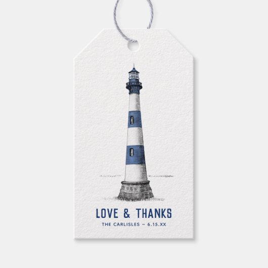 青と白のライトハウス結婚の感謝 ギフトタグ (正面)