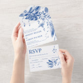 青と白のラインアートの結婚花 オールインワン招待状 (貼ってはがせる)