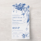 青と白のラインアートの結婚花 オールインワン招待状 (内側)
