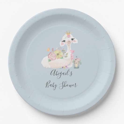 青と白のラマ男の赤ちゃんベビーシャワー ペーパープレート (正面)