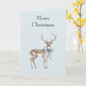 青と白のリボンのクリスマスの鹿 カード (黄色い花)