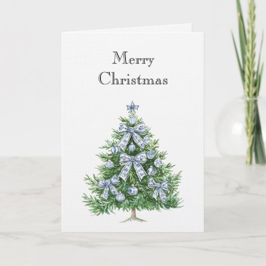 青と白のリボンのクリスマスツリー カード (正面)