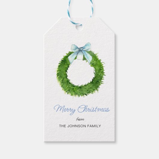 青と白のリースと弓クリスマスギフトタグ ギフトタグ (正面)