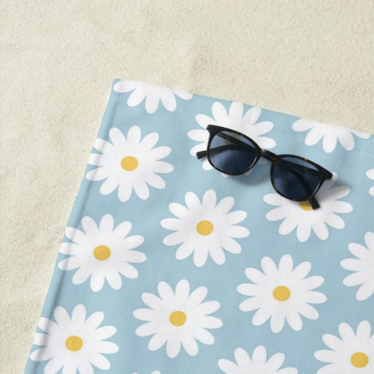青と白のレトロヴィンテージデイジーパターン  ビーチタオル (インサイチュ)