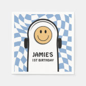 青と白のレトロ市松模様に誕生日 スタンダードカクテルナプキン (正面)