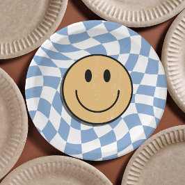 青と白のレトロ市松模様に誕生日 ペーパープレート