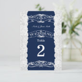 青と白のレースのウェディングテーブルナンバーカード 招待状 (スタンド正面)