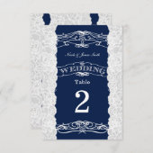青と白のレースのウェディングテーブルナンバーカード 招待状 (正面/裏面)