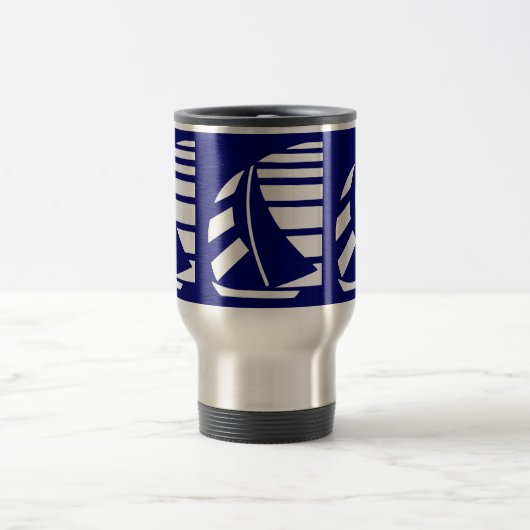 青と白のレース帆船マグ トラベルマグ (中央)