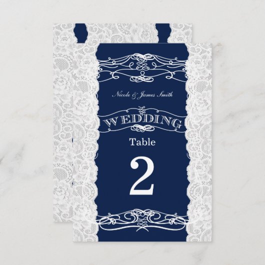 青と白のレース結婚のテーブル番号カード 招待状 (正面/裏面)