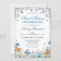 青と白のワイルドフラワー&蝶スウィート16