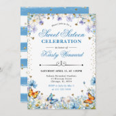 青と白のワイルドフラワー&蝶スウィート16 招待状 (正面/裏面)