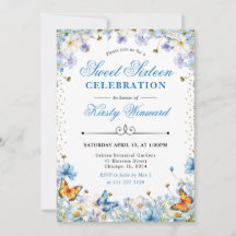 青と白のワイルドフラワー&蝶スウィート16