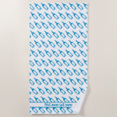 青と白のワインボトルのパターンと名前 ビーチタオル (正面)