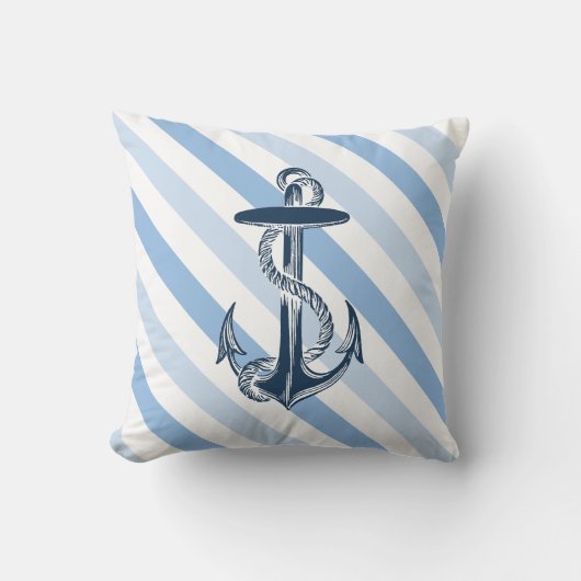 青と白のヴィンテージいかりビーチハウスデコール クッション (正面)