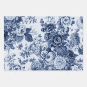 青と白のヴィンテージの花フローラ ラッピングペーパーシート (正面)