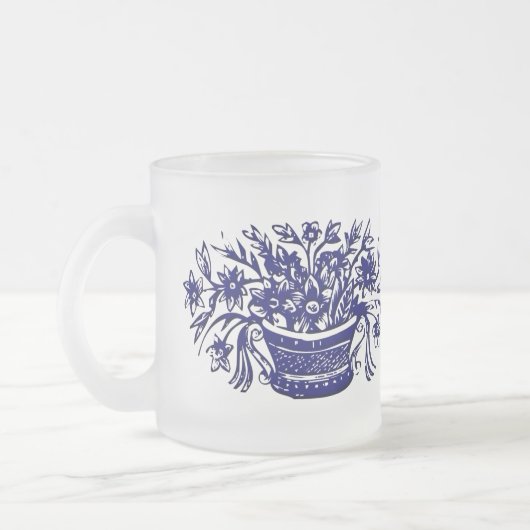 青と白のヴィンテージの花籠マグカップ フロストグラスマグカップ (左)