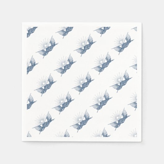 青と白のヴィンテージアメリカフラグ付輝くき スタンダードカクテルナプキン (正面)