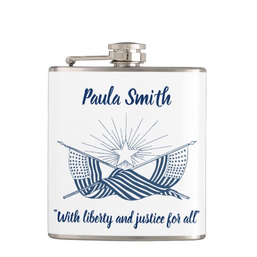 青と白のヴィンテージアメリカフラグ付輝くき フラスク (正面)
