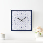 青と白のヴィンテージタラベラタイルルッククロック スクエア壁時計 (ホーム)