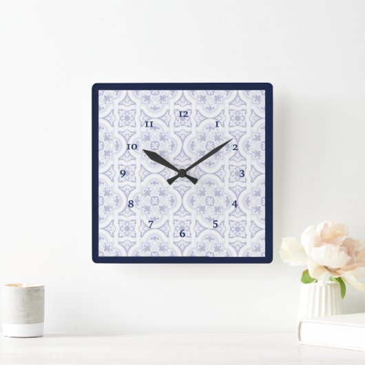 青と白のヴィンテージタラベラタイルルッククロック スクエア壁時計 (ホーム)