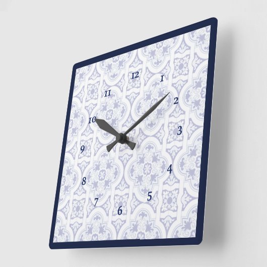 青と白のヴィンテージタラベラタイルルッククロック スクエア壁時計 (傾斜)