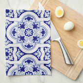青と白のヴィンテージタラベラタイルルックスタオル キッチンタオル (四つ折り)