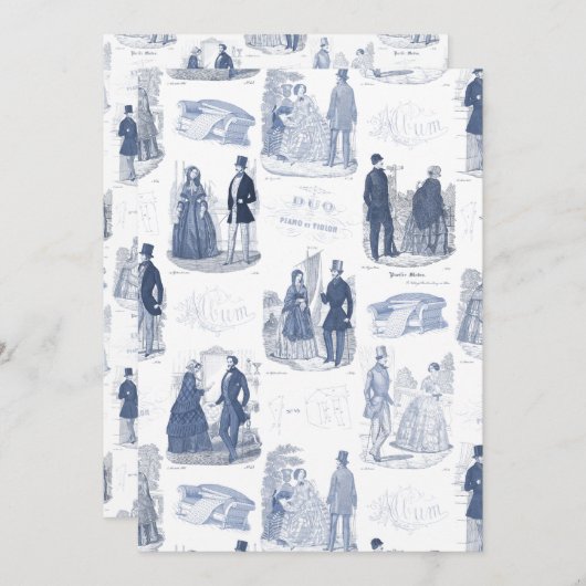 青と白のヴィンテージファッションフランスのトイル 招待状 (正面/裏面)