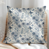 青と白のヴィンテージフローラと蝶 クッション