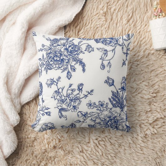 青と白のヴィンテージフローラアクセント枕 クッション (ブランケット)