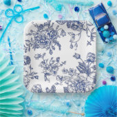 青と白のヴィンテージフローラスクエア紙プレート ペーパープレート (パーティー)