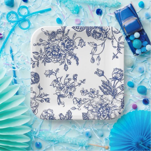 青と白のヴィンテージフローラスクエア紙プレート ペーパープレート (パーティー)