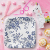 青と白のヴィンテージフローラスクエア紙プレート ペーパープレート (パーティー)