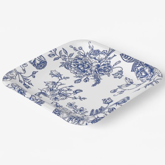 青と白のヴィンテージフローラスクエア紙プレート ペーパープレート (傾斜あり)