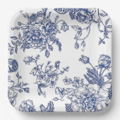 青と白のヴィンテージフローラスクエア紙プレート ペーパープレート (正面)
